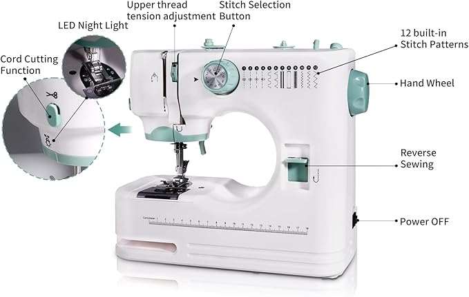 Mini Sewing Machine for Beginners, 12 Built-In Stitches, 2 Speed, Basic Sewing Kit Included，Multifunctional Portable Sewing with Foot Pedal, Light, Perfect for Home Use