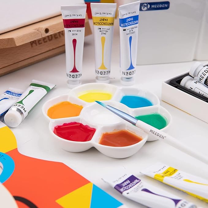 MEEDEN 7-Well Ceramic Paint Palette: 3 Pcs Watercolor Palette 4.7'' x 0.6'' - Porcelain Paint Palette Tray for Gouache Painting, Round, White