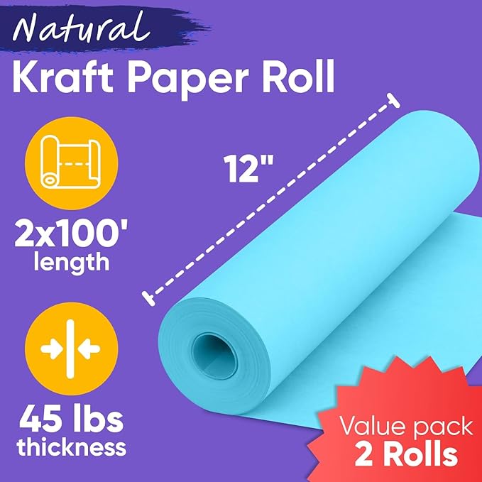 12" x 1200" (100 ft) Light Blue Kraft Paper Roll - Value Pack of 2, 45 lbs Thickness, Made in USA - Odorless, Non-Toxic, Safe for Kids - School, Bulletin Board Paper