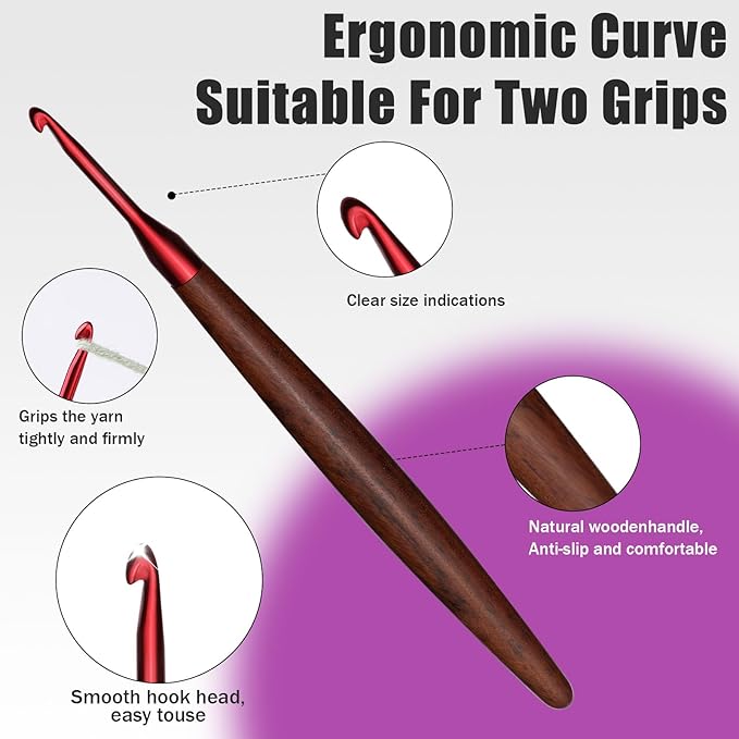 Giwrmu Crochet Hooks 5 Pcs, 3.0mm/3.5mm/4.0mm/4.5mm/5.0mm Ergonomic Crochet Hook, Colored Aluminum Crochet Hook with Wooden Handle Crochet Needle for Crocheting Yarn