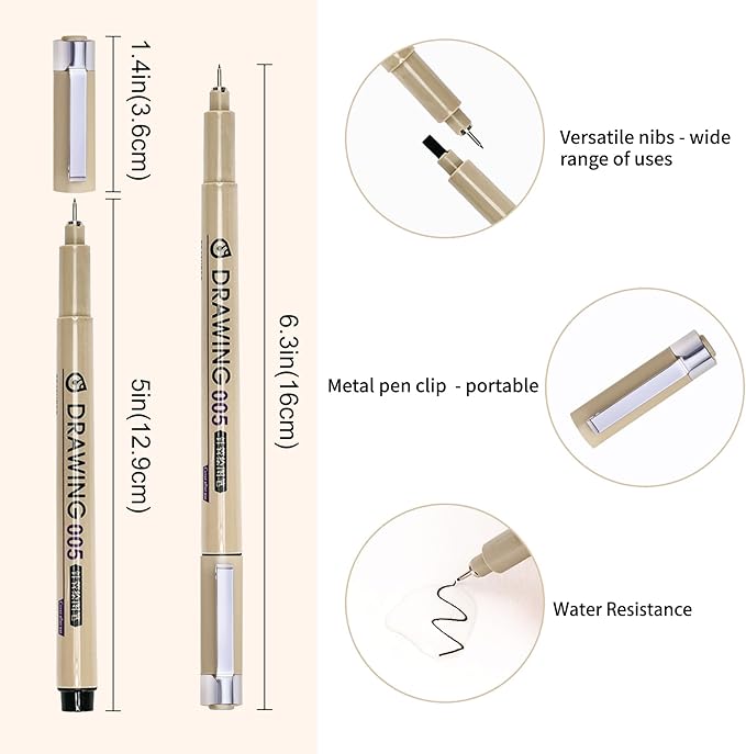 Fineliner Pens, 6 Pack Micro Pen Black Fine Tips Markers, Technical Drawing Pens for Artist No Bleed Calligraphy Pens, Waterproof Archival Ink Pen for Comic, Journaling, Illustration