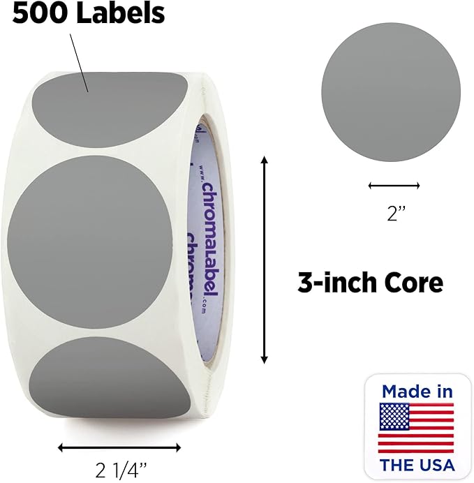 ChromaLabel 2 Inch Round Label Permanent Color Code Dot Stickers, 500 Labels per Roll, Gray