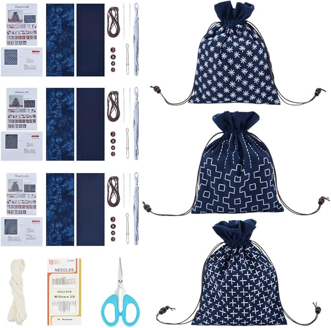 INFUNLY 3 Set Sashiko Drawstring Bag Kit DIY Sashiko Embroidery Bag Set with Printed Fabric Sewing Handbag Kits Embroidery Starter Kit Needlepoint Sewing Bags with Instruction for Beginner Adult