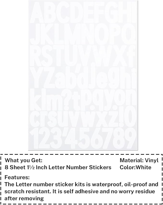 1.5 Inch Letter Stickers, 544 Pieces Alphabet Number Symbol Stickers for Scrapbooking, Sign, Water Bottle, Self-Adhesive Vinyl Letter Sticker Decals for Arts&Crafts - 8 Sheets, White