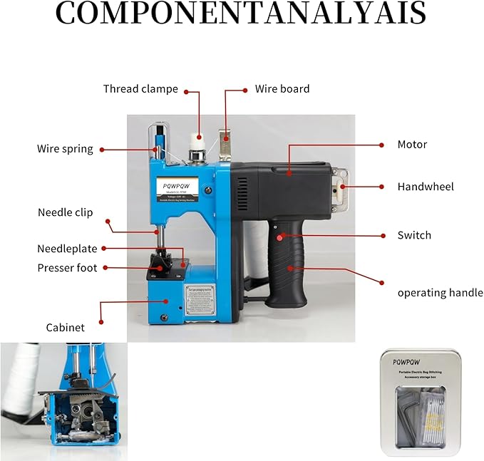 Bag Sewing Machine, 2s/bag Portable Bag Sewing Machine, Industrial Bag Closing Machine for Packing Woven Bags Non-woven Fabrics Leather (Blue, Corded - 110V)
