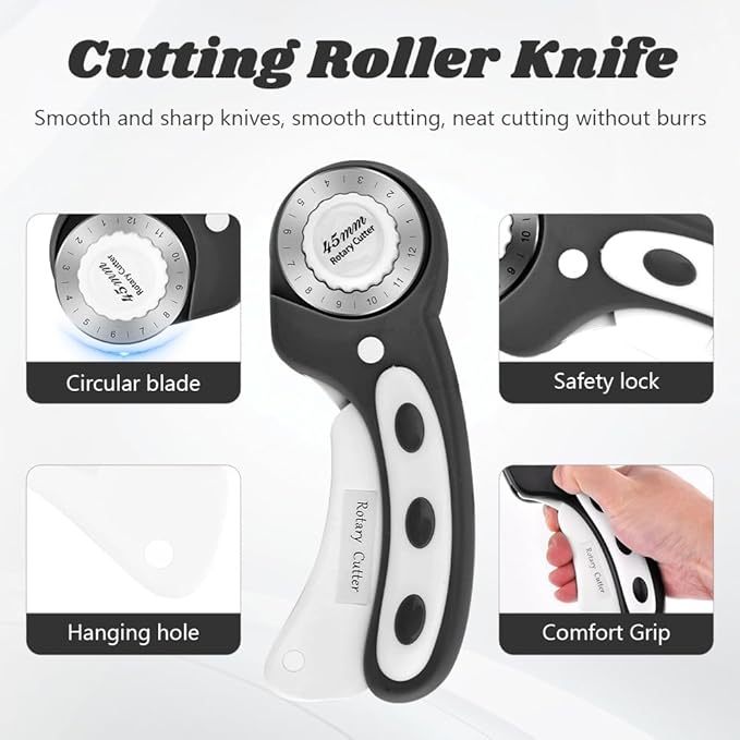 45mm Rotary Cutter for Fabric with 10 pcs Blades,Pinking Rotary Cutter for Quilting Crafts Sewing(COLOR:Black)