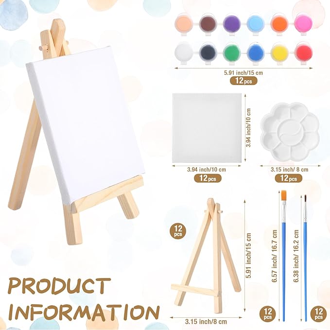 Qilery 12 Set Acrylic Paint Kit Mini Stretched Canvas with Easel, Acrylic Paints Strips, Brushes, Palette, Art Set for Kids Adults Classroom Birthday Party Favors(4 x 4 Inch)
