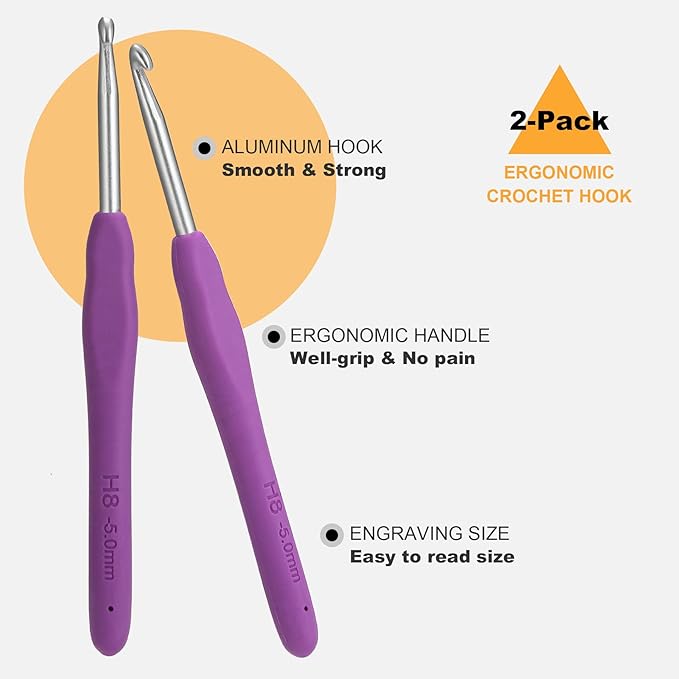 2PcsSize H / 5.0mm Crochet Hooks, Ergonomic Crochet Hook for Arthritis and Beginners, Extra Long, Smooth, Comfortable (Size H / 5.0mm)