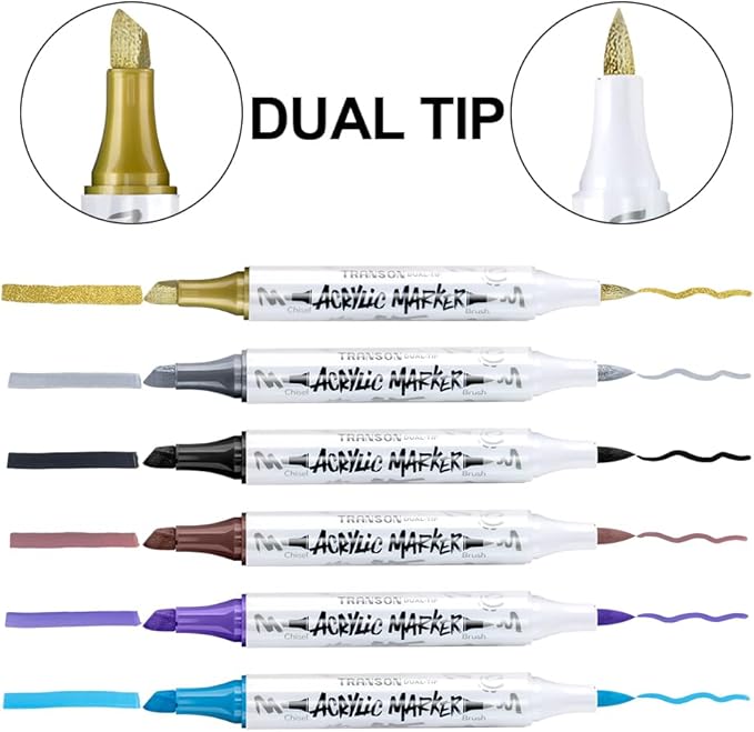 TRANSON 24 Colors Chisel and Brush Dual-tip Acrylic Paint Marker Pen Set for Canvas Rock Wood Leather Ceramic DIY Painting