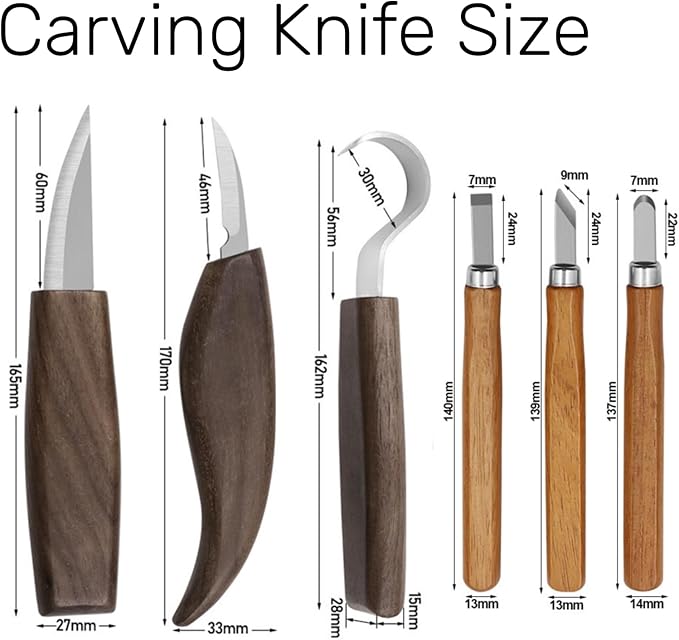 10Pcs Wood Carving Knife Set, Black Walnut Wood Carving Kit with Detail Wood Knife, Whittling Knife, Hook Knife for Beginners, DIY, Carving Knife Sharpener for Spoon, Bowl, Pumpkin, Cup