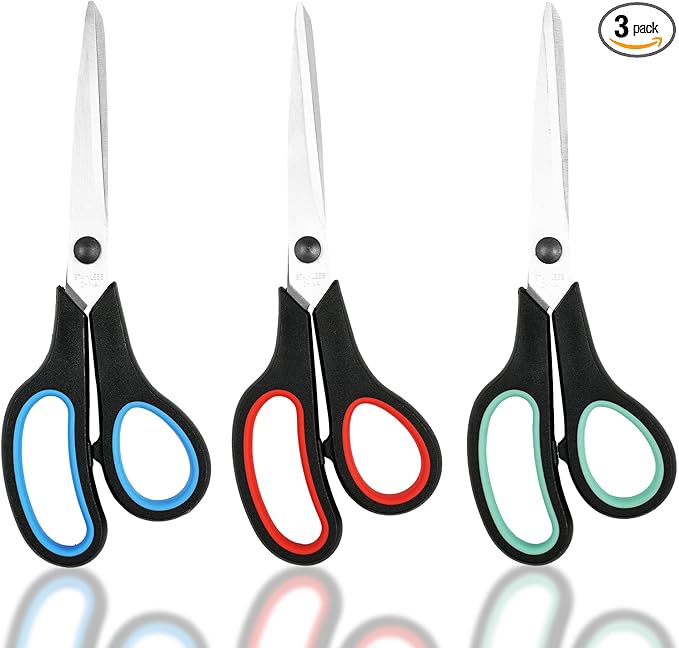 Scissors, 3-Pack 8" Heavy Duty Scissors with Ultra Sharp Blades and Comfort Grip Handles - For Office, Home, School, Sewing, and Crafts (Red, Green, Blue)