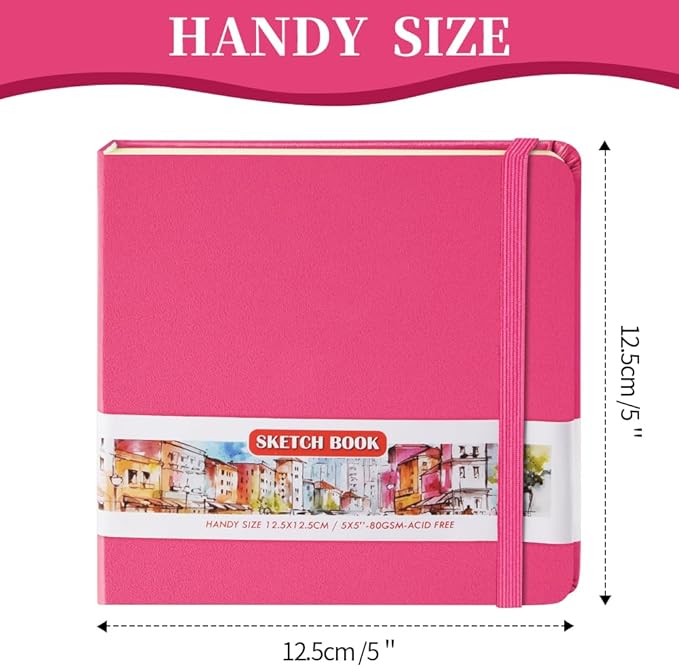 E-WEICHEN Square 5x5 inches 80gsm 96sheets/192 Pages Notebooks Blank Sketchbooks Travel Journal Pocket Hardcover Paint Writing Diary Memo Planner PU Leather Cover. Rose Pink