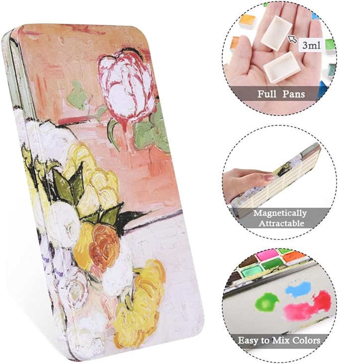 Portable Watercolor Paint Palette with Tins, Lightweight Empty Full Pans with Magnetic Squares, Metal Paint Tray Palettes for Travel, Acrylics Painting and Art, 20Full Pans,Champs Rose