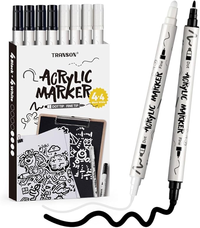 TRANSON 4 Black and 4 White Paint Markers Bold and Fine Dual-tip Acrylic Paint Marker Set for Rock Painting Glass Canvas Wood Leather Ceramic Painting