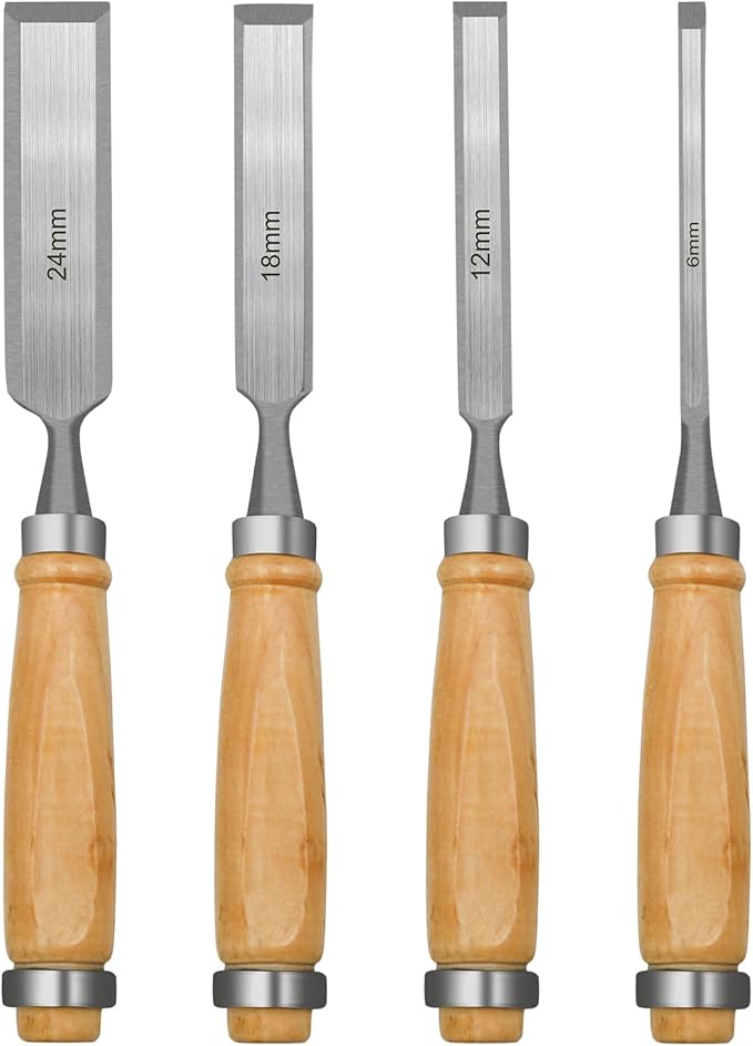 Wood Chisel Set for Woodworking, 4 pcs CR-V Steel Chisel Set for DIY with Wood Handle, Carpenter Woodworking Tools