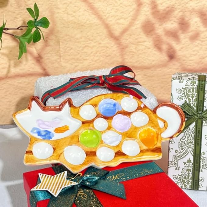 Ceramic Palette - Cat Shaped Painting Tray with Mixing Zones & Individual Wells, Durable Ceramic Artist Palette for Watercolor, Gouache - Painting Gift