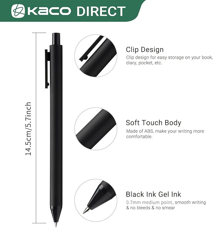 Kaco PURE Gel Pens Black Ink 0.7 mm Medium Point, 10 Pieces Set, Original Design, Quick Drying Aesthetic Note Taking Pens Office Supplies Cute Stationery Low Center of Gravity