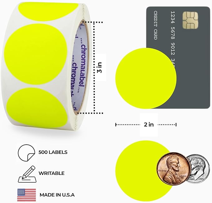 ChromaLabel 2 Inch Round Colored Stickers, High Visibility Permanent Sticky Dots Color Coding Labels, Easy to Write On Dot Stickers - 500 Sticker Dots per Roll, Matte Finish Fluorescent Yellow