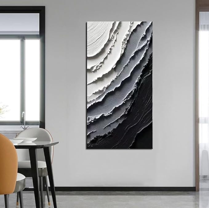 YaSheng Art -Handmade Modern Abstract Wall Art, Black and White Gradient Canvas Print, Large Vertical Wall Art for Living Room Bedroom Office Decor, 24x48inch Ready to Hang