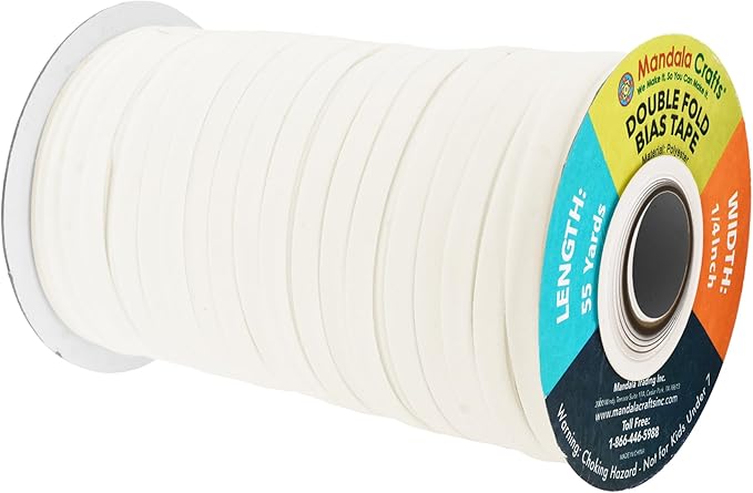 Mandala Crafts 55 Yards 1/4 Inch Off White Double Fold Bias Tape for Sewing - Bias Binding Tape for Quilting Binding, Hemming, Seam, and Fabric Piping