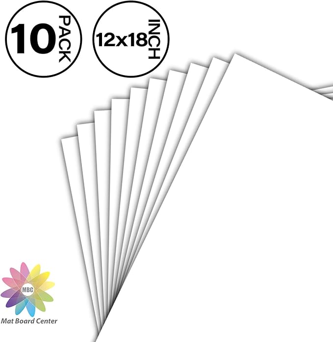 Mat Board Center, Pack of 10 12x18 White Uncut Mat Boards, Acid-Free Backing Matte Boards for Frames, Prints, Photos, Pictures
