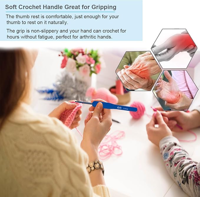 Ergonomic Crochet Hooks Set,Silicone Crochet Hook Knititng Needles for Arthritic Hands Premium Soft Grip Crochet Handles for Crocheting Yarn Craft Projects(2.0mm-6mm,Blue)