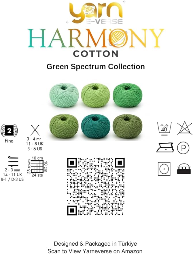 Harmony Cotton Yarn by Yarneverse – 6-Pack Soft Fine Weight (#2) 60% Cotton / 40% Acrylic (50g / 165m Each – Total 300g / 990m) (6, Green Spectrum Collection)