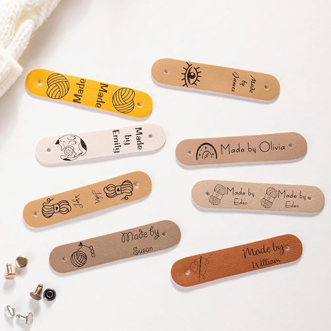 callie Personalized 10-100Pcs Leather Tags with Rivets - Custom Name & 22 Pattern, Made with Love Labels for Hats Beanies Scarves, Gifts for Knitting Sewing Crafting Lovers