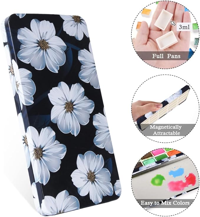 Portable Watercolor Paint Palette with Tins, Lightweight Empty Full Pans with Magnetic Squares, Metal Paint Tray Palettes for Travel, Acrylics Painting and Art, 20Full Pans,Gardenia Flower