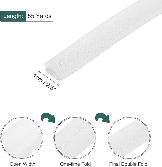 MECCANIXITY 2/5 Inch Double Fold Bias Tape Polyester Continuous Bulk Bias Tape for Sewing,Seaming Quilting Hemming Binding Crafts (White 55 Yards)