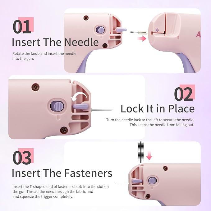 Stitch Gun for Clothes, Handheld Quick Clothing Fixer, Mini Sewing Kit, Tag Gun Includes 2 Needles, 1000 Black Fasteners & 1000 White Fasteners (Pink)