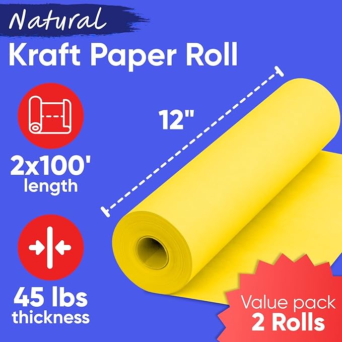 12" x 1200" (100 ft) Yellow Kraft Paper Roll - Value Pack of 2, 45 lbs Thickness, Made in USA - Odorless, Non-Toxic, Safe for Kids - School, Bulletin Board Paper