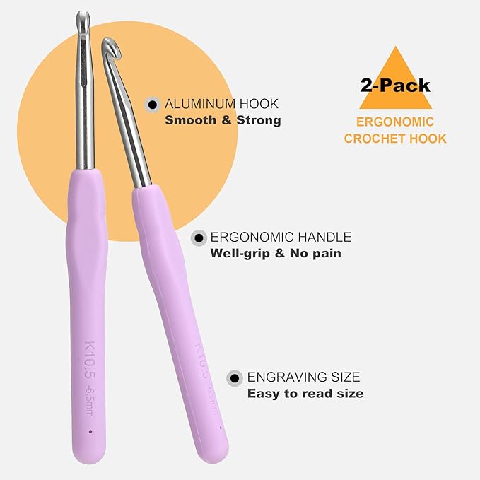 2Pcs 6.5mm Crochet Hooks, Ergonomic Crochet Hook for Arthritis and Beginners, Extra Long, Smooth, Comfortable (Size K / 6.5mm)