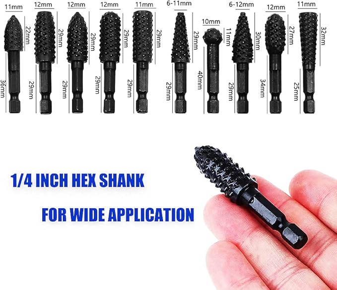 Wood Working Tools Cutting Carving Tools 10pcs Rotary Burr Wood Rasp Files Set for Woodworking with 1/4 Inch Hex Shank Wood Power Tools for Engraving Grinding Polishing