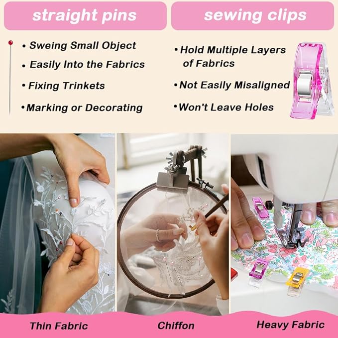 50Pcs Sewing Clips & 400PCS Sewing Pins with Box, Assorted Colors Quilting Clips Fabric Clips for Sewing Quilting Supplies Crafting Tools, Straight Pins with Colored Pearlized Ball Heads Long 1.6inch