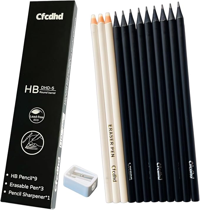 HB Cool Black Pencil Set 9 Pre-Sharpened Pencils,3 Pen-Shaped Erasers & 1 Sharpener, Drawing pencil School Pencil Artist Pencils Sketching Pencil sharpener