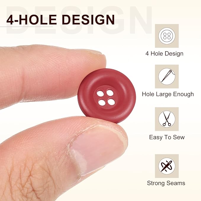HARFINGTON 50pcs Sewing Button 15mm (5/8 Inch) 4 Holes Resin Thickened Round Crafting Replacement Buttons for Clothing DIY Crafts Decoration, Bright Red