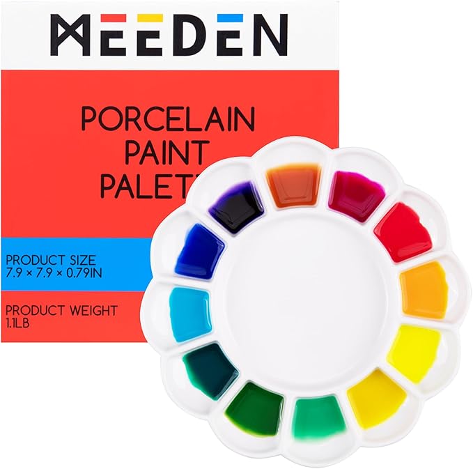 MEEDEN 12-Well Ceramic Paint Palette, Porcelain Tray, Artist Watercolor Mixing Palette, Round, 7.9'x 7.9'x 0.79'