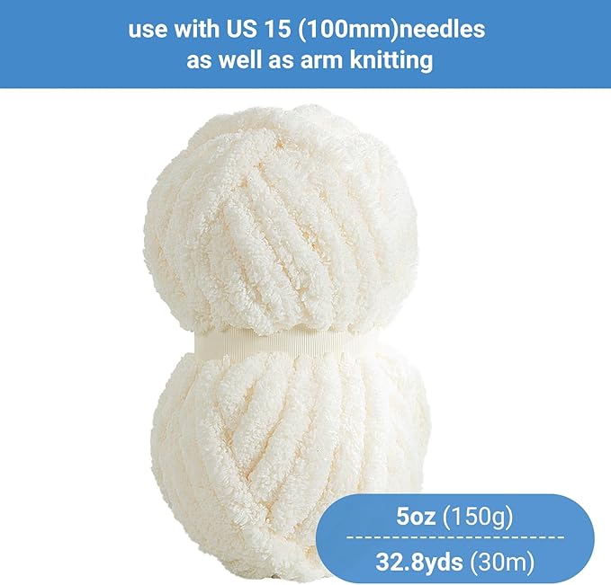 HOMBYS Cream White Chunky Chenille Yarn for Hand Knitting,Fluffy Soft Jumbo Yarn Crocheting,Super Bulky Big Yarn for Chunky Blanket,Large Thick Arm Knitting Yarn,8 Pack Plush Fuzzy Yarn
