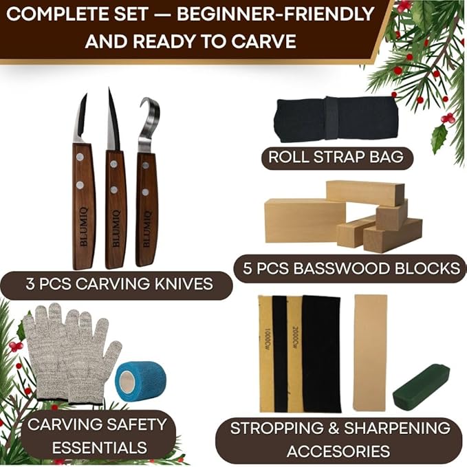 Wood Carving Kit for Beginners | Complete 18-Piece Wood Carving Knife Set | Online Video Training | Travel Ready Roll Bag | Strong Rivet Assembly | Sharpening Accessories | Whittle kit for Beginners