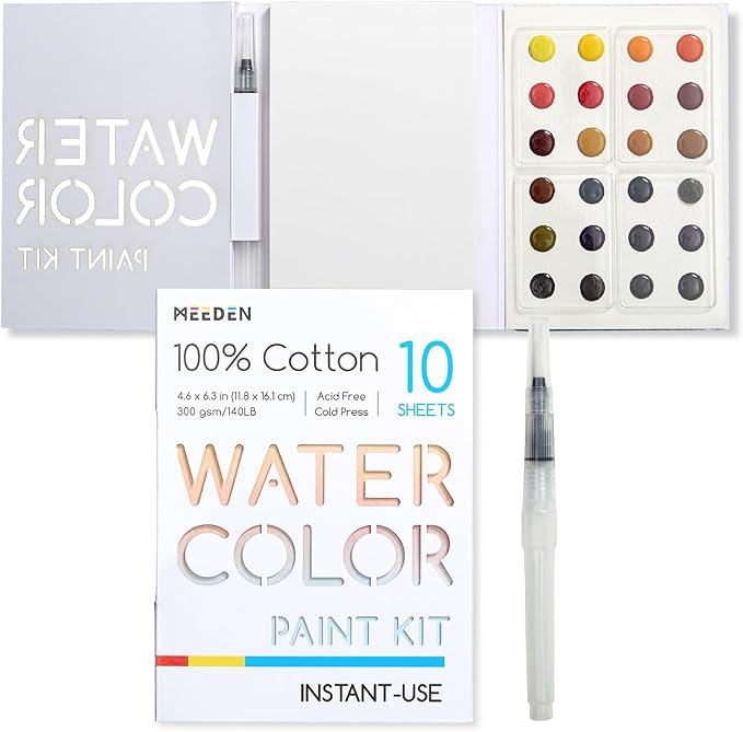 MEEDEN Watercolor Paint Set - 24 Colors Painting Supplies with 10 Watercolor Papers & Brush, Portable Art Paint Kit Perfect as Travel Set for Outdoor Artist