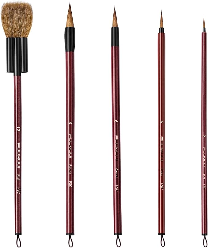 Watercolor Brushes Professional, Fuumuui 5Pcs Synthetic Goat Mixed Hair Water Color Paint Brush Set with Flat Round Detail for Watercolor, Pottery, Acrylic, Gouache