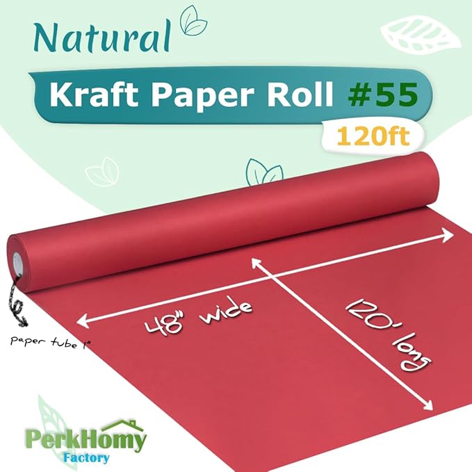 PerkHomy 48" x 1,440" (120') Red Kraft Paper Roll for Craft Bulletin Board Paper Art Table Covering Crafting Gift Wrapping Bouquet Packing Parcel 80GSM 55LB (Red, 48" x 120')