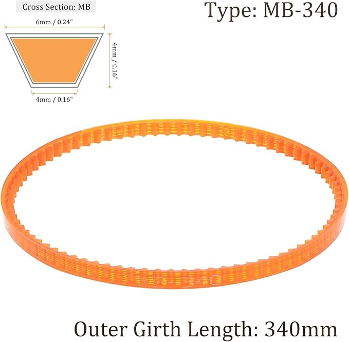 Kozelo 2Pcs MB340 Standard Sewing Machine Motor Belts - [340mm Girth x 4mm Thickness ] Polyurethane Motor Drive V-Belt for Household Electric Sewing Machine Use, Single Tooth, Orange