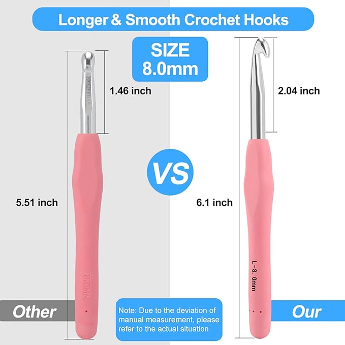 Vodiye 10PCS Crochet Hooks, Professional Extra Long 8.0mm, Ergonomic Handle, Crochet Needle for Beginners and Experienced Lovers