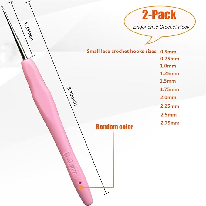 Mdoker 2PCS Small Size Crochet Hook Ergonomic Handle Crochet Hook Needles for Arthritic Hands,Thread Crochet Steel Lace Hooks Size 1mm
