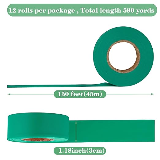 Green Flagging Tape 12 Rolls - Non-Adhesive Neon Marking Surveyors Caution Tape, for Tree Marking, Hunting Trail Tape, Marking Tape Ribbon, 1-3/16 in. x 150 ft,3.35 Mil Thick