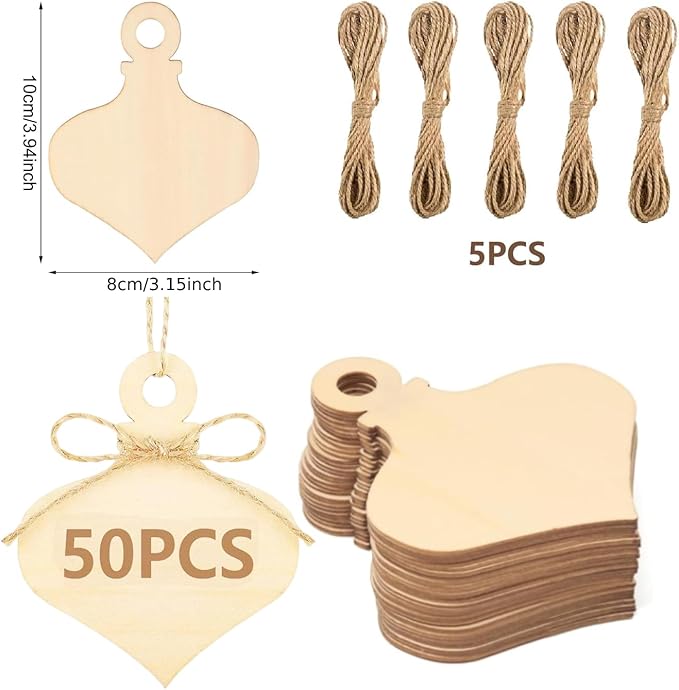 50 Pcs Wooden Ornaments, BetterJonny 3.15 * 2.56in Unfinished Natural Wood Slices with Holes Blank Wood Discs with 50pcs Jute Rope for DIY Christmas Decoration