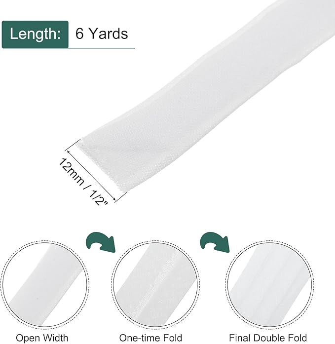 MECCANIXITY 1/2 Inch Double Fold Bias Tape Continuous Bulk Cotton Bias Tape for Sewing Seaming Quilting Hemming Binding Crafts (White 6 Yards)