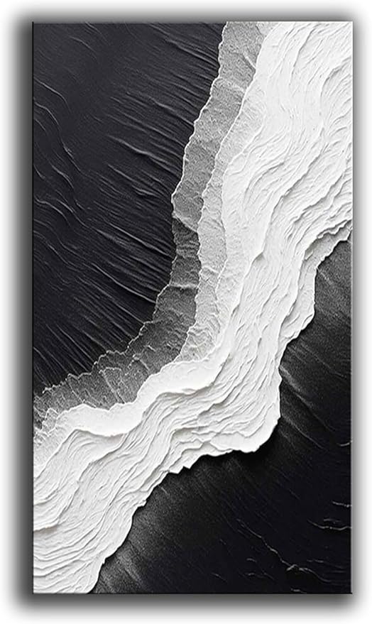 YaSheng Art - Hand-Painted Thick Texture Abstract Oil Painting sea wave Black and White Wall Art Minimalist modern Art Paintings Home Living room Room Dining Room Bedroom Wall Decorative Art Oil Painting 24x48inch
